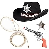 Goldschmidt Kostüme Cowboy Sheriff Accessoires Set 4-tlg mit Cowboyhut | Lasso Hut Revolver & Sheriffstern Accessoireset Fasching Karneval Kinder Erwachsene (4-tlg Kinderhut schwarz), GCS01