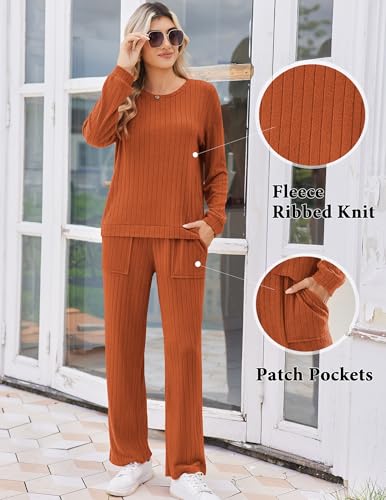 Ekouaer Lounge Sets Ribbed Knit Pajama Sets Soft Loungewear Caramel XXL - image 4