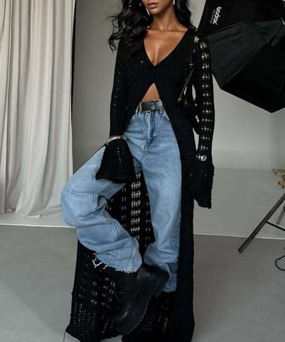 Crochet Cardigans for Women Hollow Out Knitted V Neck Long Sleeve Button Up Beach Cover Up Vacation Maxi Dress2