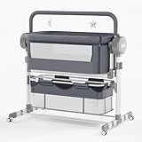 MoLi Beistellbett Baby mit Rollen, Convertible Faltbar Co-Sleeping Babybett, Stubenwagen Baby Kleinkind Wiege mit Musik, Fernbedienung und 5-schwankende Zahnräder (608 Grey)