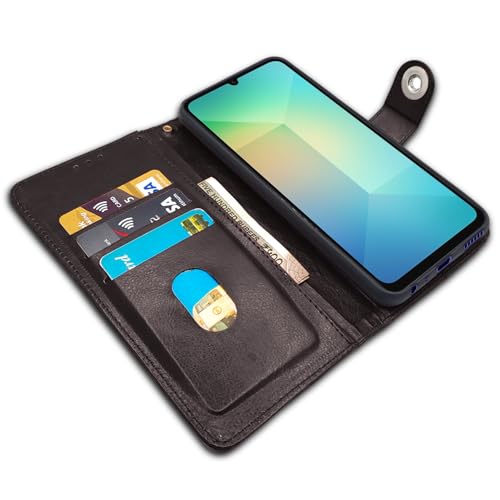 Image of Pikkme Flip Cover Leather Finish | Inside TPU with Card Pockets | Wallet Stand and Shock Proof | Complete Protection Button Flip Case for Samsung Galaxy A06 (Coffee)