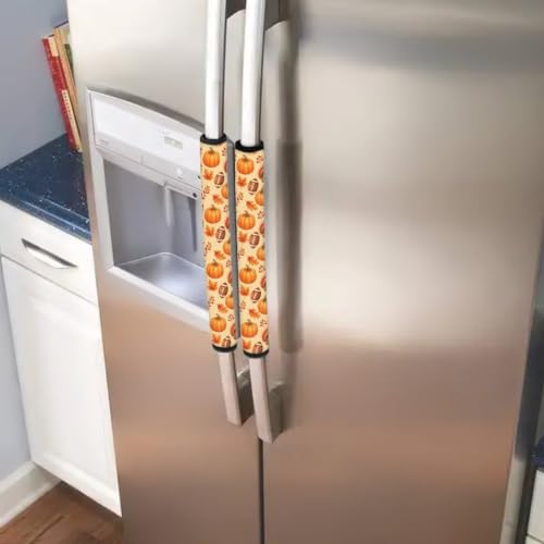 Image of Fall Pumpkin Refrigerator Door Handle Covers Football Print Anti-Skid Kitchen Appliance Handle Covers Adjustable Handmade Fall Decor Protector for Fridge, Ovens, Dishwashers