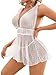 Lilosy Sexy Polka Dots Mesh Sheer Babydoll Chemise Lingerie Set Floral Lace Sleep Wear Women Deep V Slip Night Dress Nighty Negligee Gown With Thong 2 Piece White X-Large