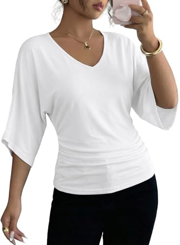 EVALESS Spring Tops for Women 2026 Fashion Trendy Summer Dressy Casual V Neck 3/4 Batwing Sleeve T Shirts Sexy Cute Ruched Business Work Blouses White Large