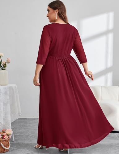 Image of ZOMVA Plus Size Maxi Formal Dress Lace Chiffon Floral V-Neck Wrap Wedding Guest Evening Gown Cocktail Prom 3 /4 Sleeves