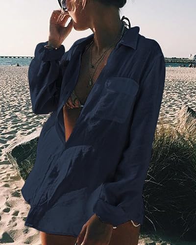 Image of Bsubseach Women Long Sleeve Beach Shirt Blouses Bathing Suit Cover Up Button Down Collar