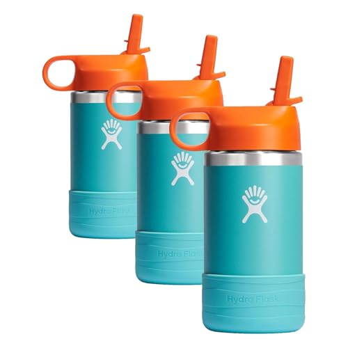Image of Hydro Flask Kids Water Bottle for School - Stainless Steel and Insulated with Straw Cap - 12 Oz in Seaspray Blue (Pack of 3)