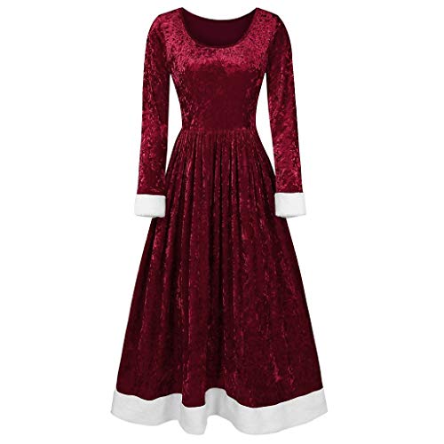 JURTEE Fashion Women Christmas Festival Velvet Long Sleeve O-Neck Swing Dress Comfy Slim Fit Long Pleated Dress(L,Wine)