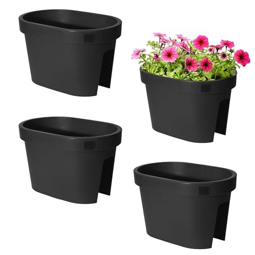 Spetebo Balkon Blumentopf Oval Anthrazit 4er Set - 40 x 26 cm - Kunststoff Pflanzkasten zum Einhängen am Geländer - Garten Blumen Schale zum Hängen