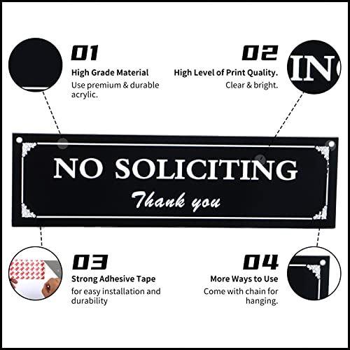 Bedeone No Soliciting Sign For House, Strong Self Adhesive No Soliciting Signs For Home, Hanging No Solicitors Sign For Front Door - Premium Frosted Material With Digitally Printed, Come With Chain (2.35" X 8.25") #TOP1