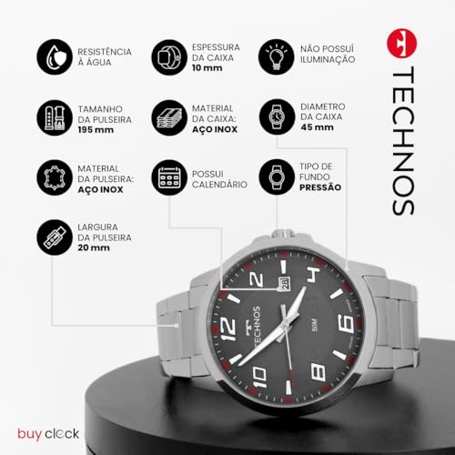 Relógio Masculino Technos Aço Inoxidável Prata Analógico Resistente a Água Original 2315LAT1C