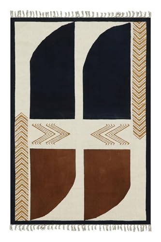 Handblockbedruckter Baumwollteppich, Kelim-Teppich, Flachgewebe, Weiß / Schwarz, geometrisches Design, Stein, leicht waschbar, dick, 0,5 cm, handgefertigt, für drinnen und draußen, Teppiche für