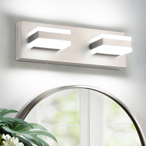 Image of SOLFART 2 Light Brushed Nickel Vanity Lights for Bathroom Over Mirror, Modern LED Lighting Fixture, 14 Inch Cool Light