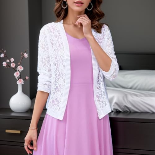 FindThy Women’s Open Front Lace Cardigan Long Sleeve Floral Crochet Summer Shrug Cover Ups3