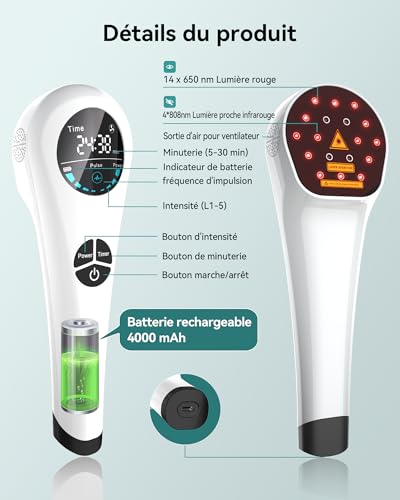 Orisary Kaltes Rotlicht Handgerät Wiederaufladbar 4000-mAh-Akku, 4 * 808nm+14 * 650nm Rotlichtgerät 5 Modi 6 Timer für Muskel- und Gelenkpflege Mensch & Haustier