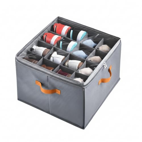 Image of Yagizaai Shoe Organizer for Closet, Foldable Shoe Storage Box with Adjustable Dividers, Holds up to 16 Pairs, Oxford & PP Board, Stackable Gray Shoe Bin, Clear Cover, Leather Handles, 17x17x12 inch