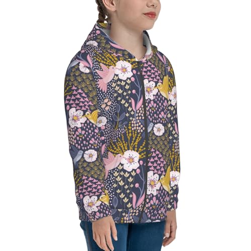 Hummingbird and Cherry Blossom Kid Hoodies Boys Zip Up Sweatshirts Girls Pullover with Pocket4