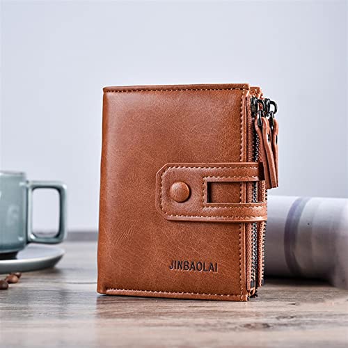 Men's Bifold Wallet Vintage Slim Bifold Leather Wallet for Men Stylish Double Zip Coin Purse Short Purse, Brown, One Size4