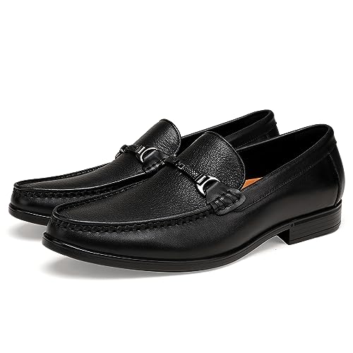Image of Black Leather Dress Shoes for Men, Casual Metal Buckle Formal Business Shoes Wedding Slip on Loafer Party Dress Shoes
