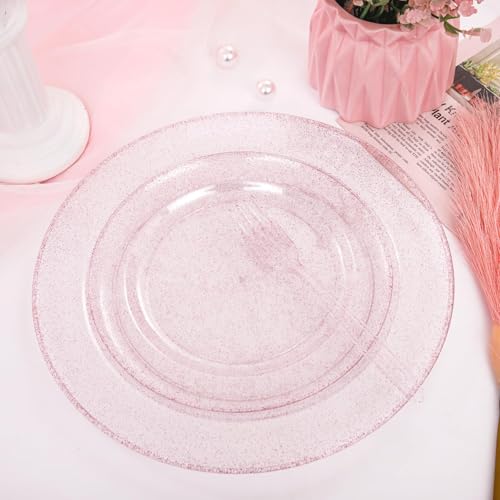 Image of WDF 120pcs Pink Plastic Plates Disposable - Clear Pink Glitter Plates including 60PCS Dinner Plates 10.25inch and 60PCS Salad Plates 7.5inch for Wedding /Baby Shower /Spring /Birthday