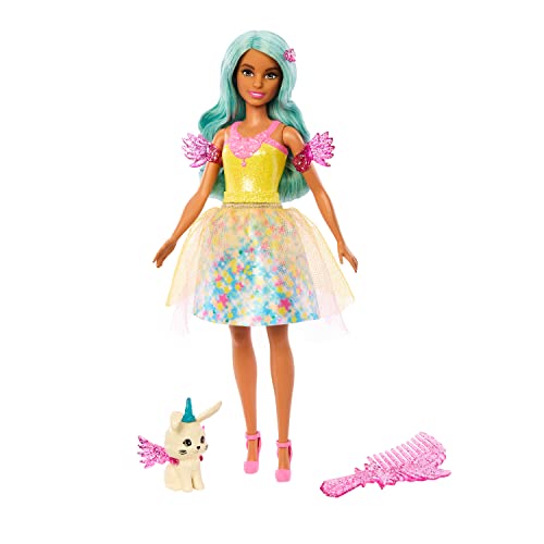 Barbie Um toque de magia teresa boneca cabelo azul com aparência fantasia, animal de estimação, pente e acessórios, brinquedo + 3 anos (Mattel HLC36)