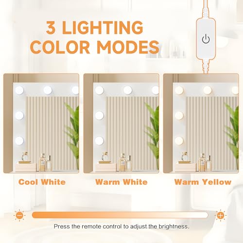 Image of YESHOMY Vanity Desk with Mirror, 10 Lights, Power Outlet and 3 Storage Shelves, Makeup Table with 4 Drawers, 3 Color Modes, for Bedroom, White