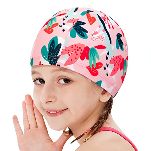 Girls Swim Cap Bathing Cap Ear Protection Shower Cap Breathable Polyester Swimming Hat Diving Hat for Girls Age 3-10 Years Swim Pool Beach Surfing