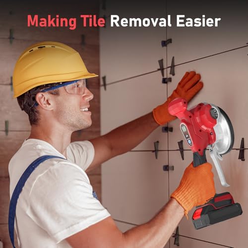 Fliesen Vibrationsgerät, Akku Fliesenrüttler mit 130 mm Saugnapf, 6-fach einstellbare Geschwindigkeit, LCD-Display, 2 Batterien, für Boden, Fliesen, Wand