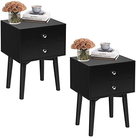 YIGOBUY Black End Table Bedroom Nightstand with 2 Drawers, Side Table for Bedroom, Living Room, Table Storage Wood Cabinet , Black Finish 2 Set
