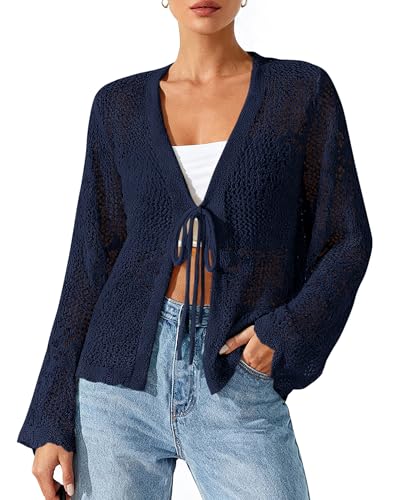BTFBM Summer Cardigans for Women Lightweight 2026 Spring Crochet Mesh Long Sleeve Tie Front Knit Beach Vacation Outfits(Navy Blue, Large)