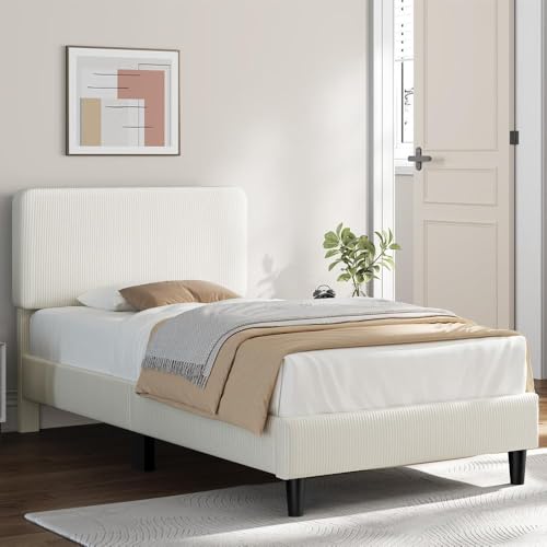 Image of Yaheetech Twin Bed Frames with Adjustable Headboard, Chenille Fabric Upholstered Headboard /Platform Bed, Twin Size Bed Frame No Box Spring Needed /Mattress Foundation /Wood Slats Support /Easy Assembly