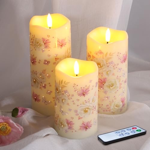 Eywamage Candele senza fiamma effetto fibra floreale con telecomando, candele sferiche LED a batteria tremolanti set di 3