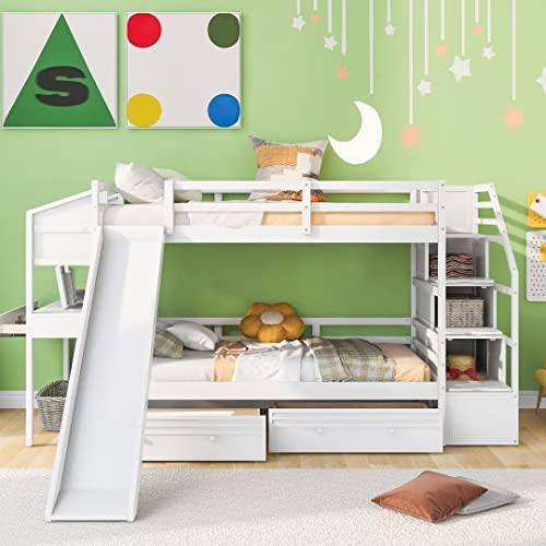 Ayvbir Twin Over Twin Bunk Bed With Storage Staircase And Slide, Wooden Bunk Bed Frame With Desk And 4 Drawers, Modern Multifunctional Bunk Bed For Kids Teens Bedroom-Grey #TOP29