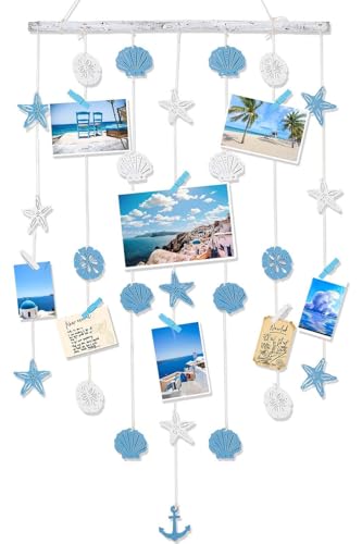 DREAMORIE Wooden Beach Wall Decor, Hanging Photo Display with Seashells & Clips, Ocean Coastal Themed Picture Card Organizer, Adjustable Starfish & Anchor Beach Room Decor for Bedroom,Party Decoration