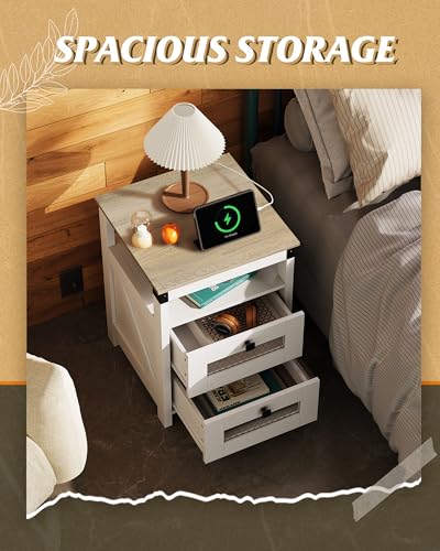 Image of WLIVE Nightstand with Charging Station, Farmhouse End Table, Bed Side Table with 2 Storage Drawers and Open Shelf, Wood Rustic Nightstands for Bedroom, White and Greige