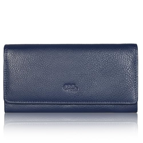 Mou Meraki Women's Top Grain Leather Wallet, RFID Blocking Bifold clutch, 17 Card Slots, Zip Pocket Organizer, Elegant Gift for Women — Birthday, Valentine, Anniversary - BLUE