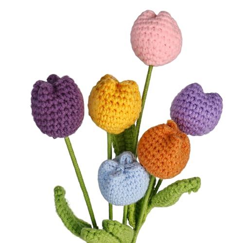 XCRPRT 6PCS Crochet Tulips Artificial Flowers, Cotton Knitted Flowers Bouquet Handmade, Bouquet Crocheted Bloom Tulips, Bulk Fake Flowers Gift for Anniversary Graduation Mother's Day Wedding Decor
