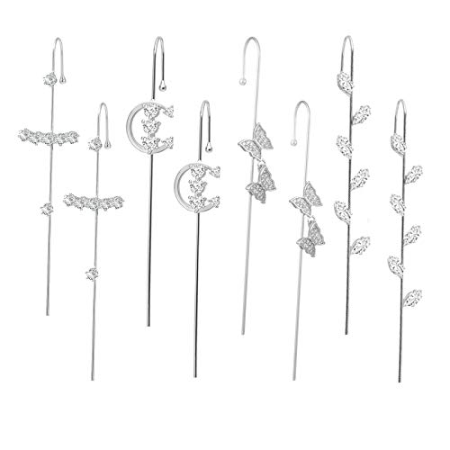8 Pcs Ear Cuffs Crawler Hook Earrings for Women Gold Hypoallergenic Piercing Ear Wrap Climbers Earrings Simple Pearl Cubic Zirconia Rhinestone Hoop Earrings