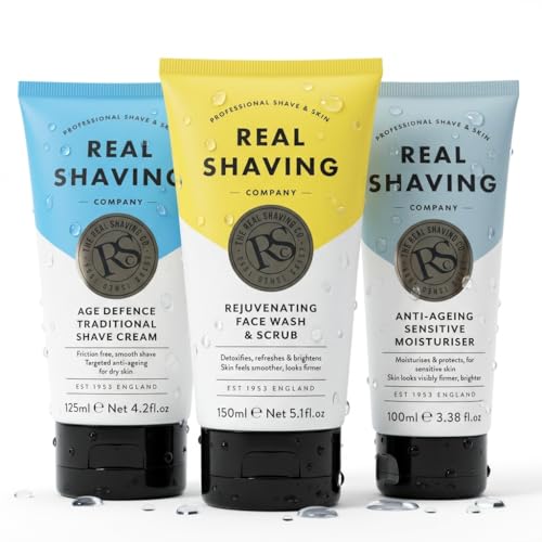 RSC Complete Men’s Grooming Kit – Daily Shaving & Skincare Set with Age Defence Shave Cream 125ml, Face Wash & Scrub 150ml, Anti-Ageing Sensitive Moisturiser 100ml for Firmer, Healthier Skin