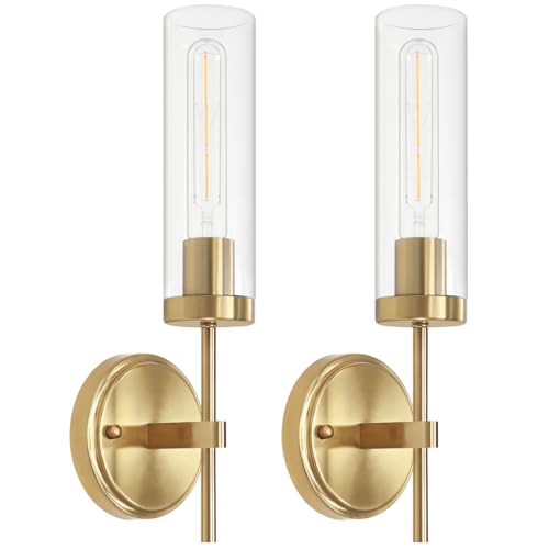 Modern Gold Wall Sconces Set of 2, Hardwired Bathroom Sconces Lighting Vanity Light Fixtures with Clear Glass Shade Wall Mounted Decor Lights for Living Room Mirror Bedroom Hallway Stairway UL-Listed