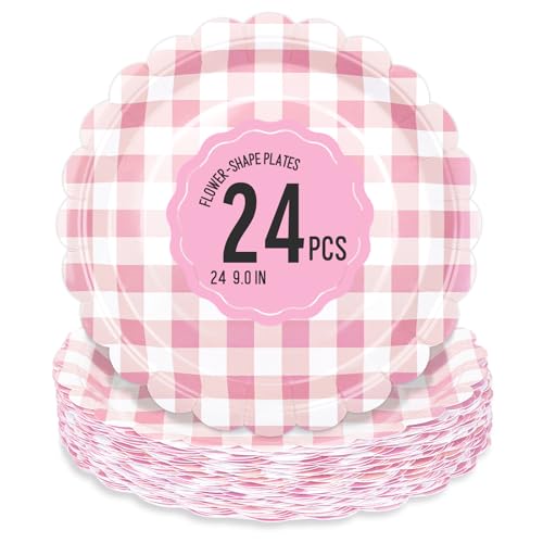 24 Pcs Pink Scalloped Paper Plates - 9 Inch Gingham Paper Plates Checkered Party Plate - Disposable Plaid Decorative Dinner Dessert Serving Plate - For Baby Shower Wedding Birthday 24 Pcs Pink Scalloped Paper Plates - 9 Inch Gingham Paper Plates Checkered Party Plate - Disposable Plaid Decorative Dinner Dessert Serving Plate - For Baby Shower Wedding Birthday