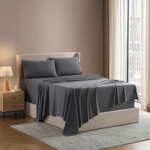 Nestl Short Queen Bed Sheet Set - Dark Grey - Instantly Soft Microfiber, No Break-in Wash - 4-Piece Deep Pocket Sheets & Pillowcases, Stays Put All Night