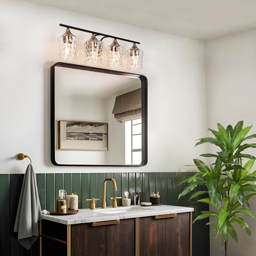 Image of KSANA 28 inch Large Bathroom Vanity Lights, 4 Light Mid-Century Modern Vanity Light with Textured Glass Shade Black and Electroplated Brass Bathroom Light Fixtures for Hallway, Entryway
