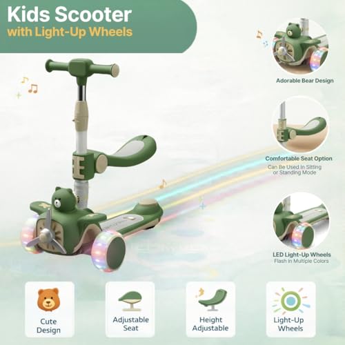Image of 2-in-1 Modernistic Kick Scooter for 3-10 Years Old Kids | 3-Level Height Adjustable Handlebar | Music & PU LED Flashing Wheels | Foldable and Lightweight (KS-213 Forest Green)