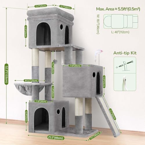 Image of Globlazer Heavy Duty Cat Tree for Indoor Cats Large Adult, F52B, Light Grey | 3 Condos, Extra-Large Baseboard, Removable Top Perch, 4 Sisal Posts & Board, Hanging Basket, Anti-Topple Strap, Easy Setup