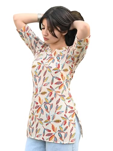 Image of Pinkmint Women Short Kurti | Cotton Blend Printed Tunic Top | Trendy Casual Top | Casual & Office Wear Ethnic Top for Jeans