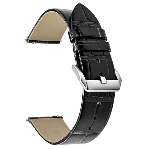 Genuine Leather Watch Strap Quick Release Vintage Alligator Grain Watch Band Premium Top Grain Leather Replacement Strap with Stainless Steel Buckle, Soft Brown Calfskin for Women (16mm, Black)