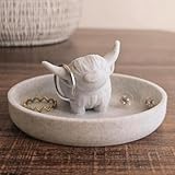Awsaccy Highland Cow Ring Holder with Circular Dish, Farmhouse & Bohemian Style Marble Cute Unique Highland Cow Women Gifts Stuff Ring Jewelry Plate Organizer for Bathroom Office Home Room Desk Decor