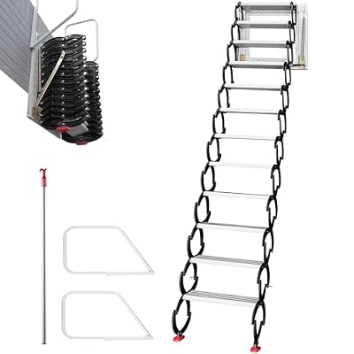 VEVOR 12 Steps Attic Steps Pull Down, Attic Stairs Alloy Attic Access Ladder, Black Pulldown Attic Stairs, 9.8 feet Height Wall-mounted Folding Stairs for Attic, Retractable Attic Ladder with Armrests