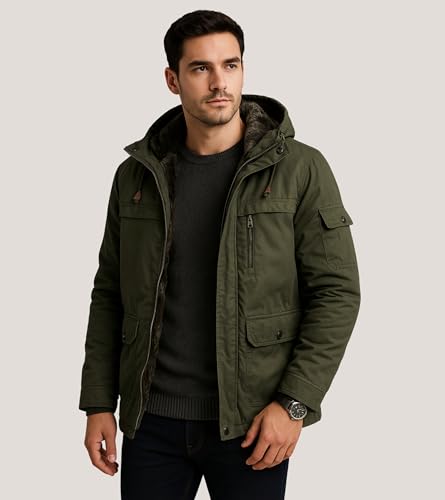 Image of L'MONTE Men's Imported Heavy-Duty Winter Jacket - 100% Cotton Coat with Fleece Lining, Detachable Hood & Multiple Pockets - Windproof, Warm, Stylish for Outdoor & Casual Winter Wear
